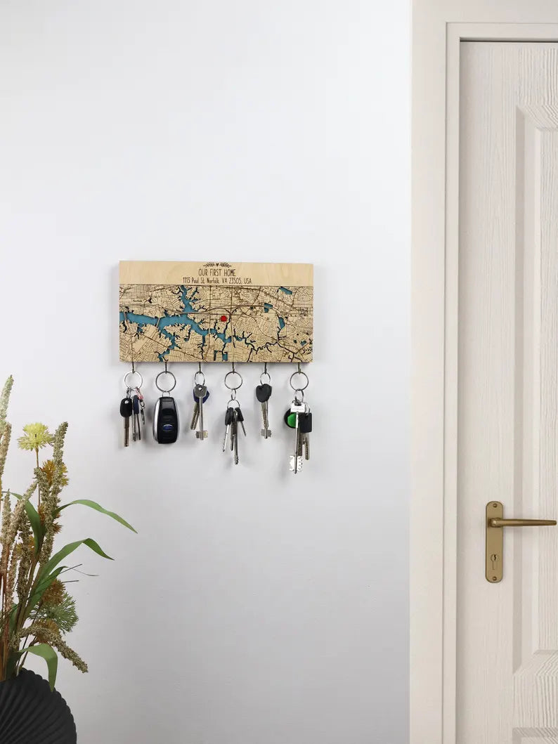 Personalized Key Holder For Wall, Custom Coordinates/City Map, Key Rack with Hooks, Housewarming Gifts for Couples, Map Entryway Organizer