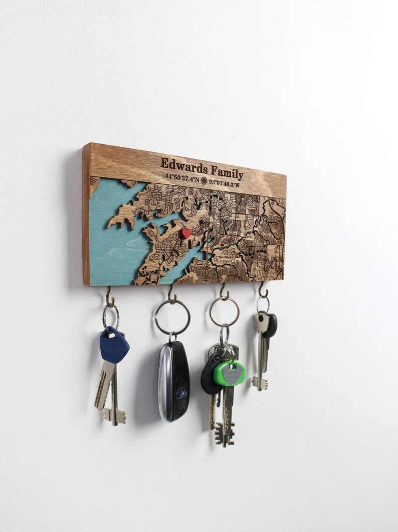 Personalized Key Holder For Wall, Custom Coordinates/City Map, Key Rack with Hooks, Housewarming Gifts for Couples, Map Entryway Organizer