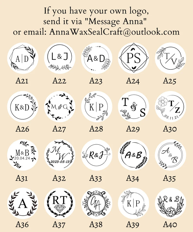 Custom logo wax seal stickers, 40 logo styles, Handmade wax seal stickers, Custom any logo, Self-adhesive wax sticker for wedding invitation