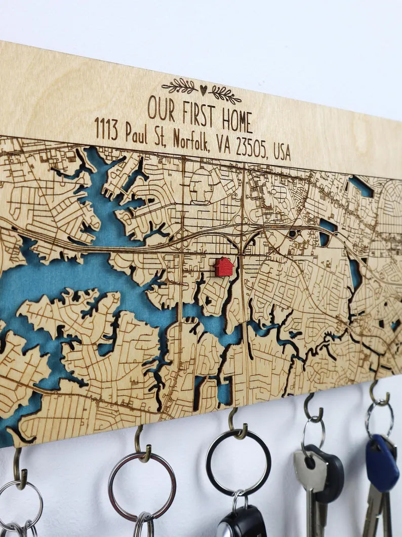 Personalized Key Holder For Wall, Custom Coordinates/City Map, Key Rack with Hooks, Housewarming Gifts for Couples, Map Entryway Organizer