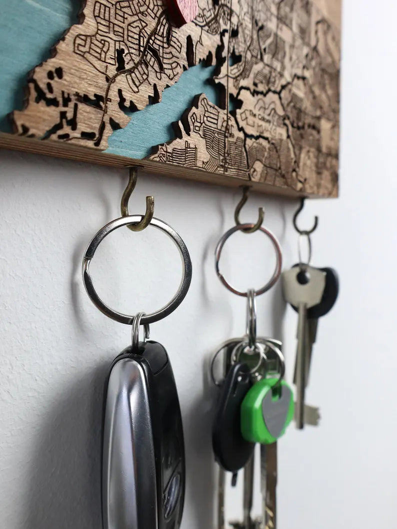 Personalized Key Holder For Wall, Custom Coordinates/City Map, Key Rack with Hooks, Housewarming Gifts for Couples, Map Entryway Organizer
